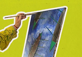 >Potlood, acryl en olieverf afbeelding